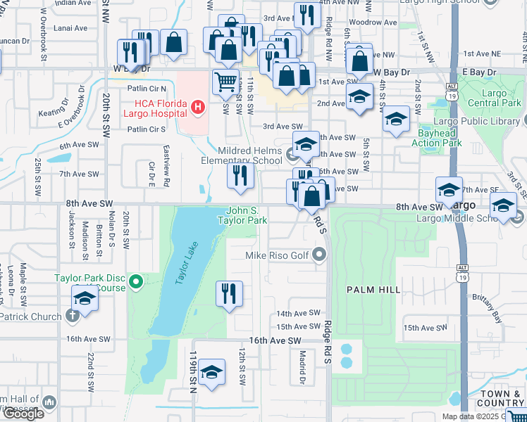 map of restaurants, bars, coffee shops, grocery stores, and more near 805 10th Street Southwest in Largo