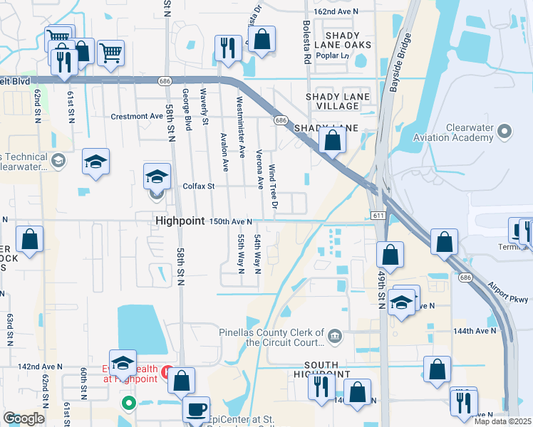 map of restaurants, bars, coffee shops, grocery stores, and more near 5384 Laurel Place in Clearwater