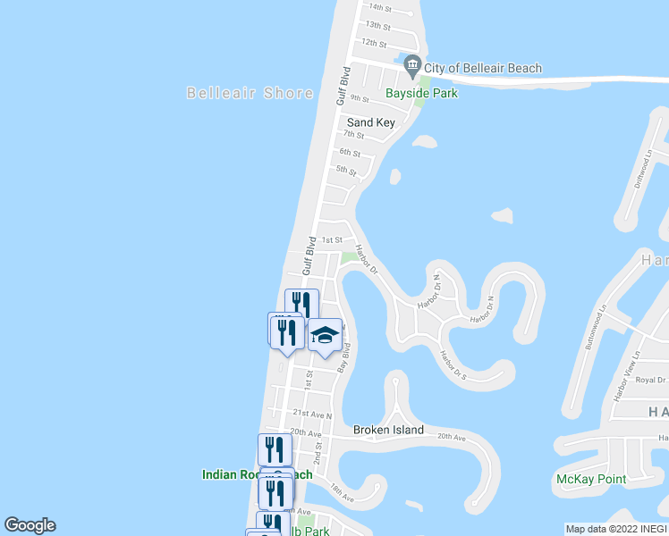 map of restaurants, bars, coffee shops, grocery stores, and more near 2704 Bay Boulevard in Indian Rocks Beach