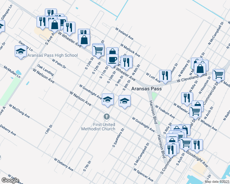 map of restaurants, bars, coffee shops, grocery stores, and more near 259 South 9th Street in Aransas Pass