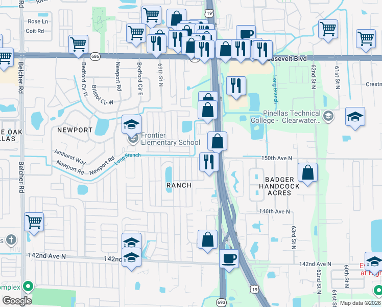 map of restaurants, bars, coffee shops, grocery stores, and more near 6700 150th Avenue in Clearwater
