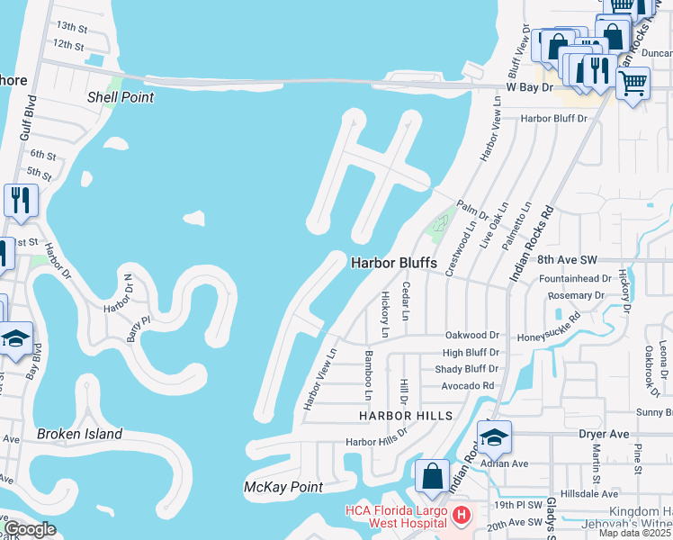 map of restaurants, bars, coffee shops, grocery stores, and more near 305 Buttonwood Lane in Largo