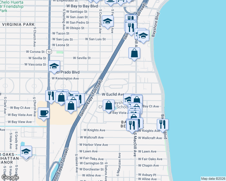map of restaurants, bars, coffee shops, grocery stores, and more near 3136 South Waverly Park in Tampa