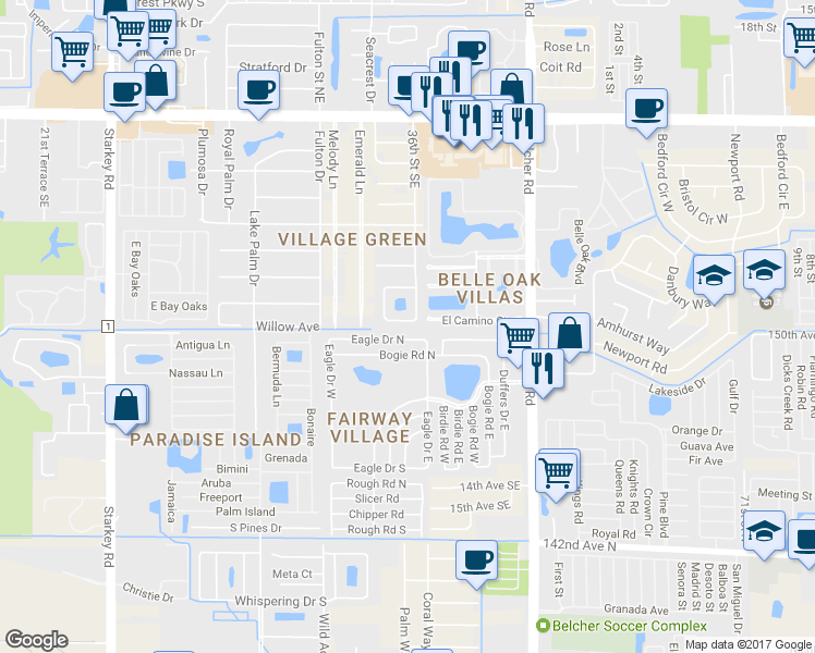 map of restaurants, bars, coffee shops, grocery stores, and more near 3566 7th Avenue Southeast in Largo
