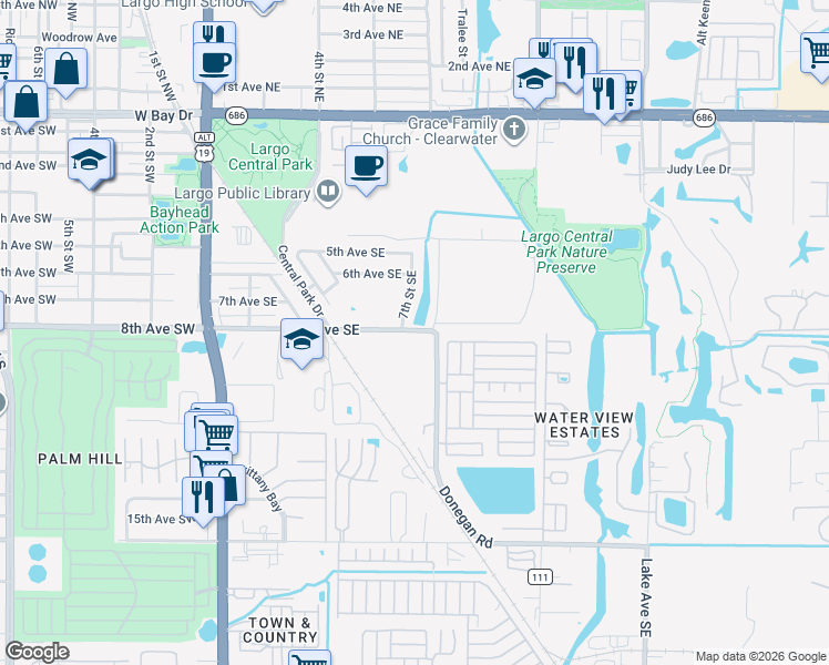 map of restaurants, bars, coffee shops, grocery stores, and more near 700-822 Donegan Road in Largo
