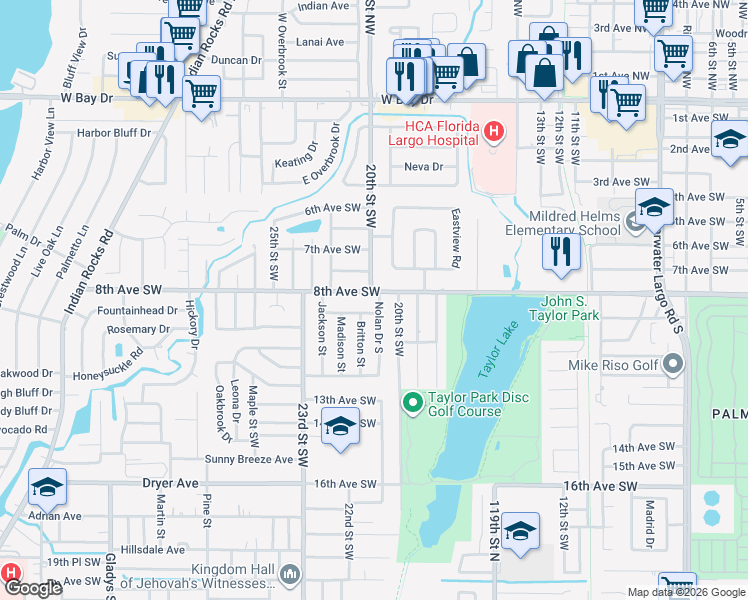 map of restaurants, bars, coffee shops, grocery stores, and more near 2024 Coronet Drive in Largo