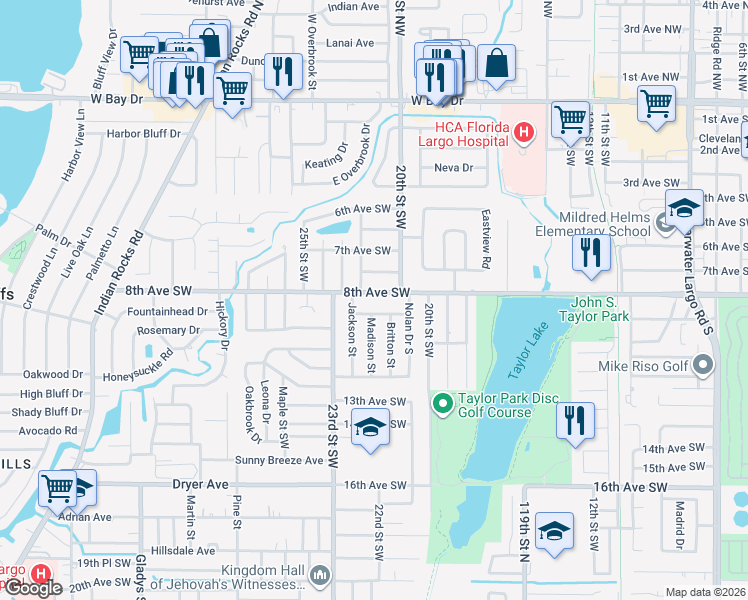 map of restaurants, bars, coffee shops, grocery stores, and more near 2128 Coronet Drive in Largo