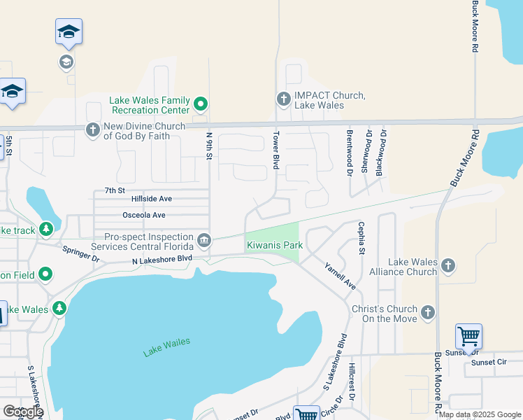 map of restaurants, bars, coffee shops, grocery stores, and more near 1008 Tower Boulevard in Lake Wales