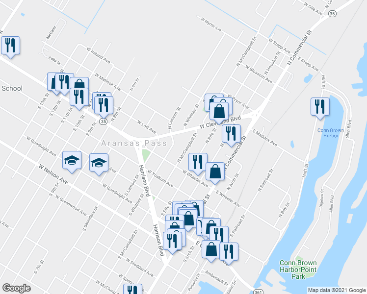 map of restaurants, bars, coffee shops, grocery stores, and more near 204 North McCampbell Street in Aransas Pass