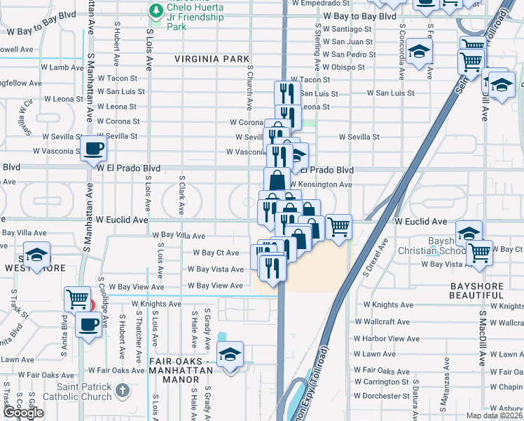 map of restaurants, bars, coffee shops, grocery stores, and more near 3617 East Tampa Circle in Tampa