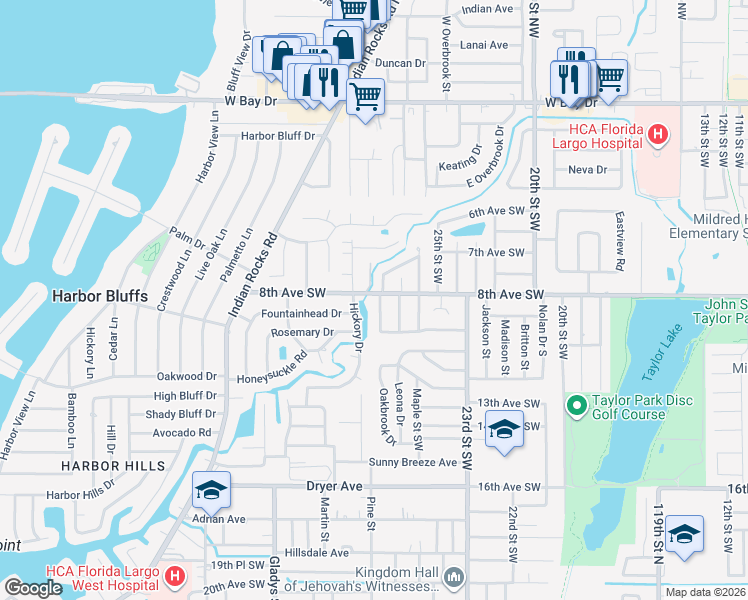 map of restaurants, bars, coffee shops, grocery stores, and more near 1002 Bay Breeze Terrace in Largo