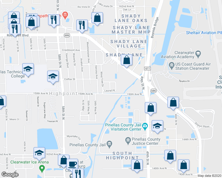 map of restaurants, bars, coffee shops, grocery stores, and more near 5256 Laurel Place in Clearwater