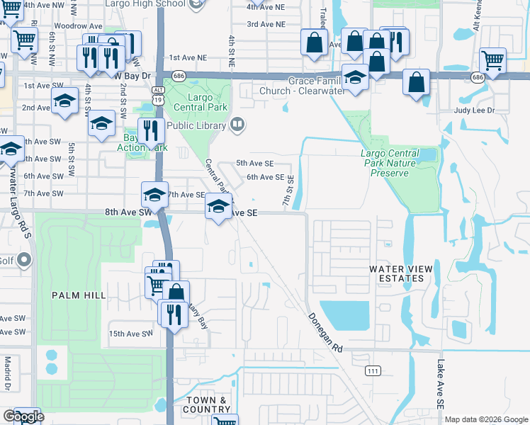 map of restaurants, bars, coffee shops, grocery stores, and more near 800 8th Avenue Southeast in Largo
