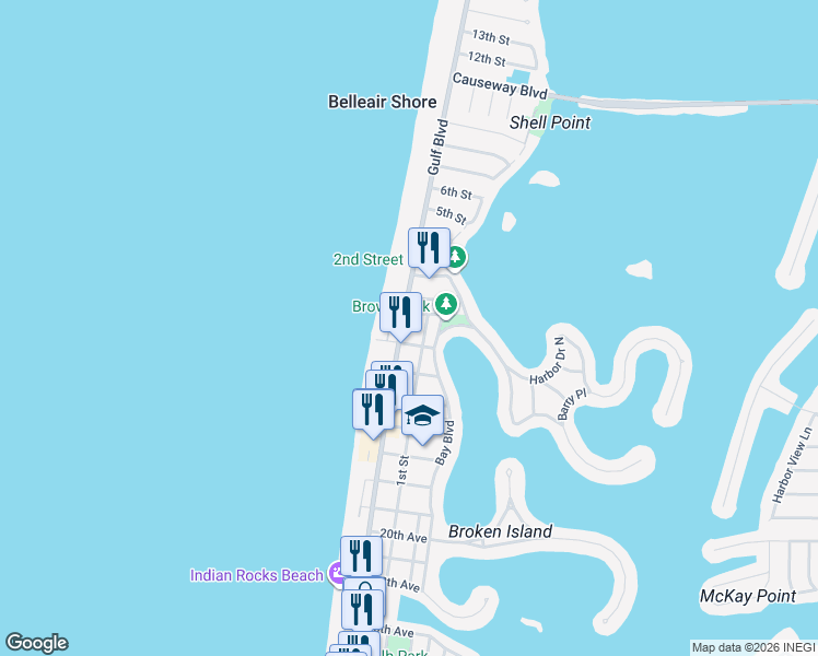 map of restaurants, bars, coffee shops, grocery stores, and more near 2701 Gulf Boulevard in Indian Rocks Beach