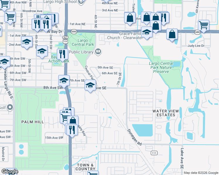 map of restaurants, bars, coffee shops, grocery stores, and more near 800 8th Avenue Southeast in Largo