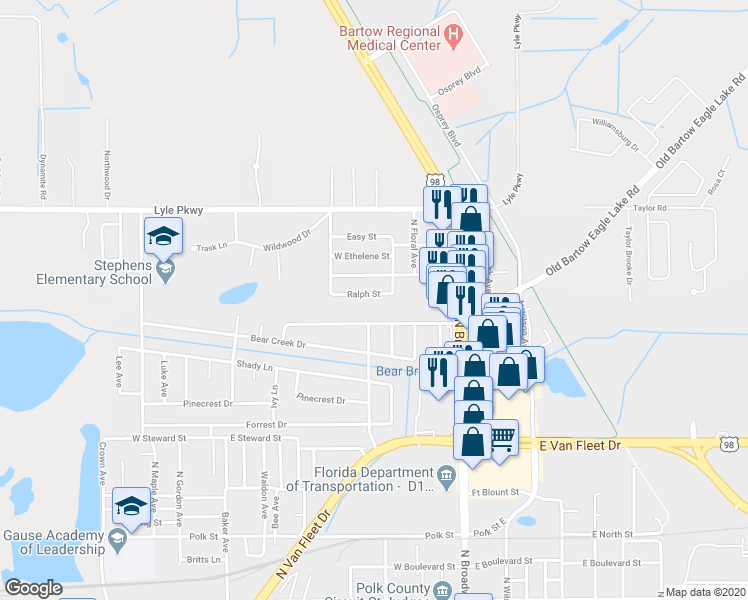 map of restaurants, bars, coffee shops, grocery stores, and more near 425 Ralph Street in Bartow