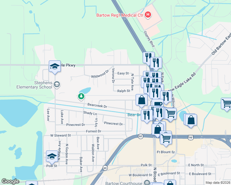 map of restaurants, bars, coffee shops, grocery stores, and more near 1520 Verona Drive in Bartow