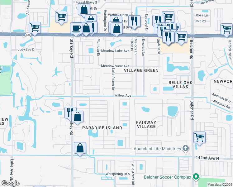 map of restaurants, bars, coffee shops, grocery stores, and more near 801 Lake Palms Drive in Largo