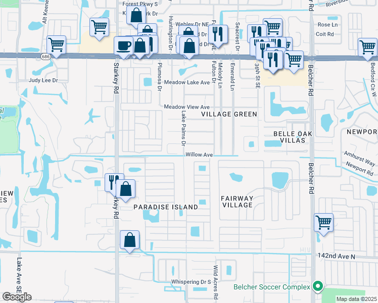 map of restaurants, bars, coffee shops, grocery stores, and more near 801 Lake Palms Drive in Largo