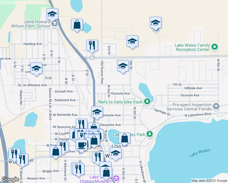 map of restaurants, bars, coffee shops, grocery stores, and more near 309 Osceola Avenue in Lake Wales