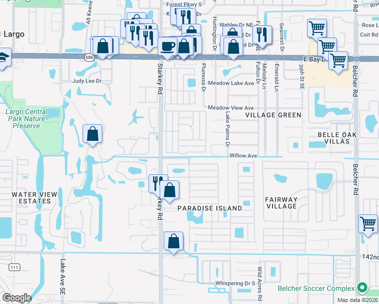 map of restaurants, bars, coffee shops, grocery stores, and more near 1001 Willow Avenue in Largo