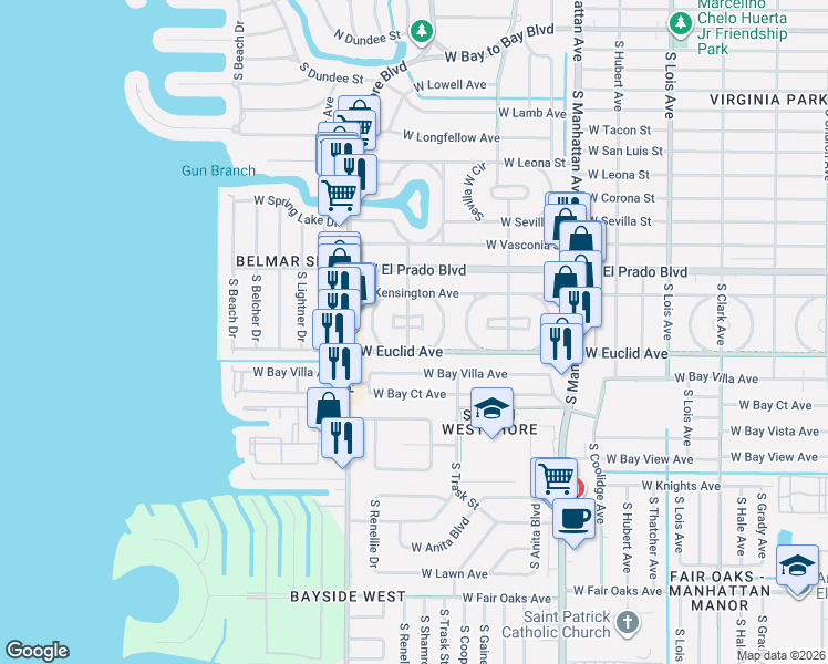 map of restaurants, bars, coffee shops, grocery stores, and more near 4635 West Euclid Avenue in Tampa