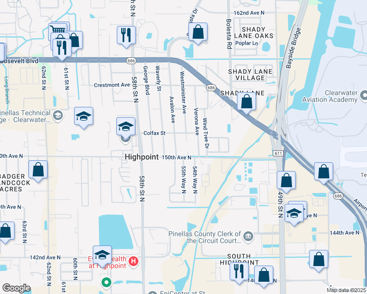 map of restaurants, bars, coffee shops, grocery stores, and more near 15017 Westminister Avenue in Clearwater