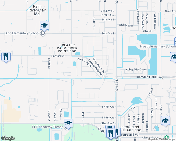map of restaurants, bars, coffee shops, grocery stores, and more near 7318 Samuel Ivy Drive in Tampa