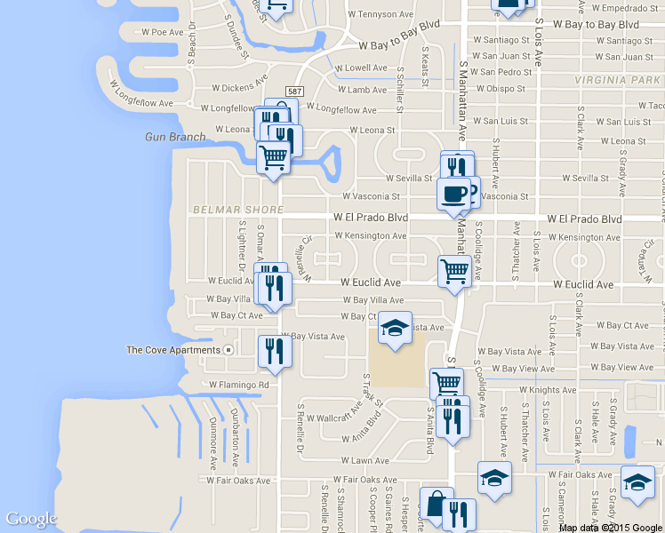 map of restaurants, bars, coffee shops, grocery stores, and more near 4635 West Euclid Avenue in Tampa