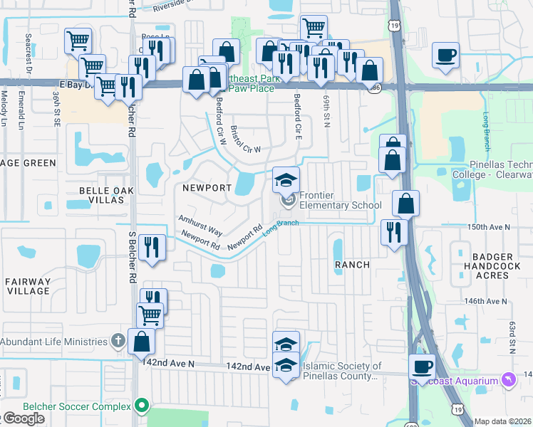 map of restaurants, bars, coffee shops, grocery stores, and more near 15065 Newport Road in Clearwater