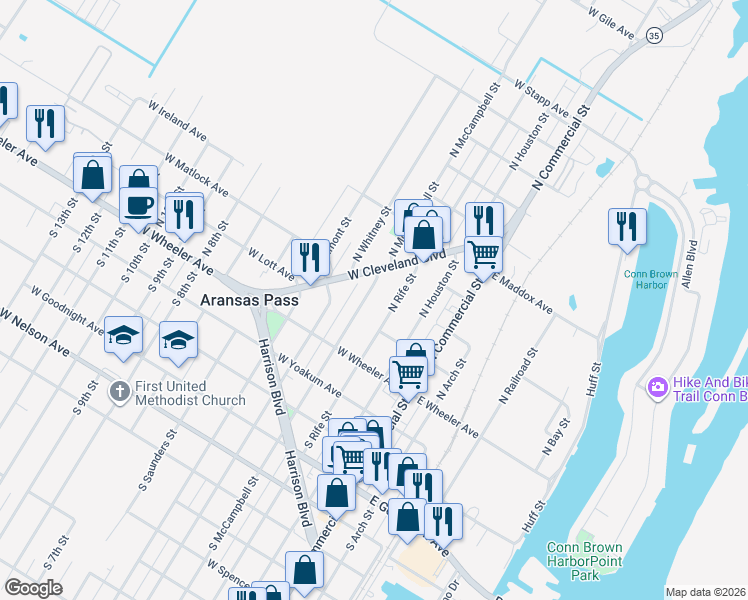 map of restaurants, bars, coffee shops, grocery stores, and more near 241 North Rife Street in Aransas Pass