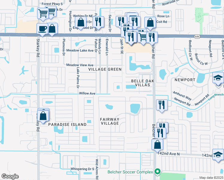 map of restaurants, bars, coffee shops, grocery stores, and more near 351 Eagle Drive North in Largo