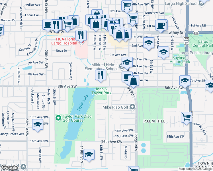 map of restaurants, bars, coffee shops, grocery stores, and more near 1150 8th Avenue Southwest in Largo