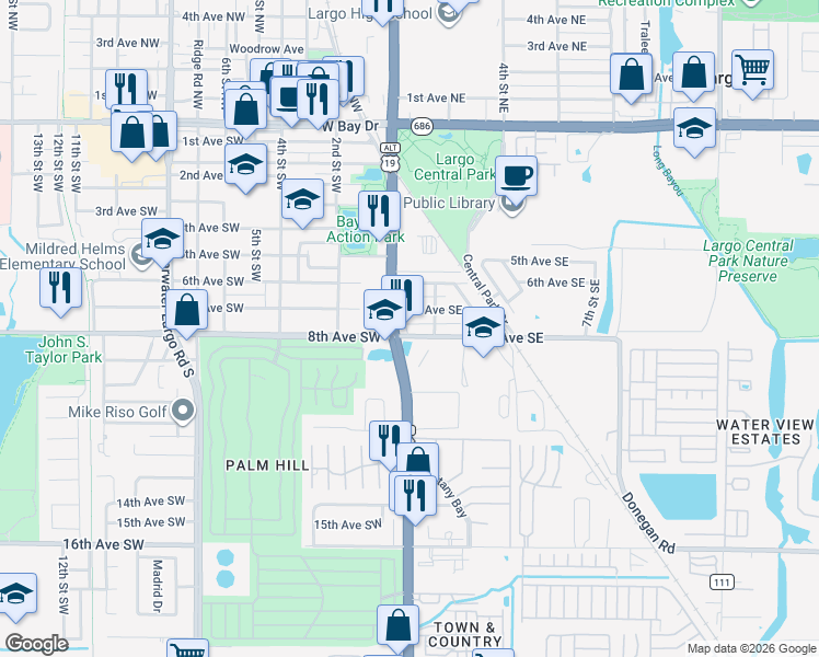 map of restaurants, bars, coffee shops, grocery stores, and more near 801 Seminole Boulevard in Largo