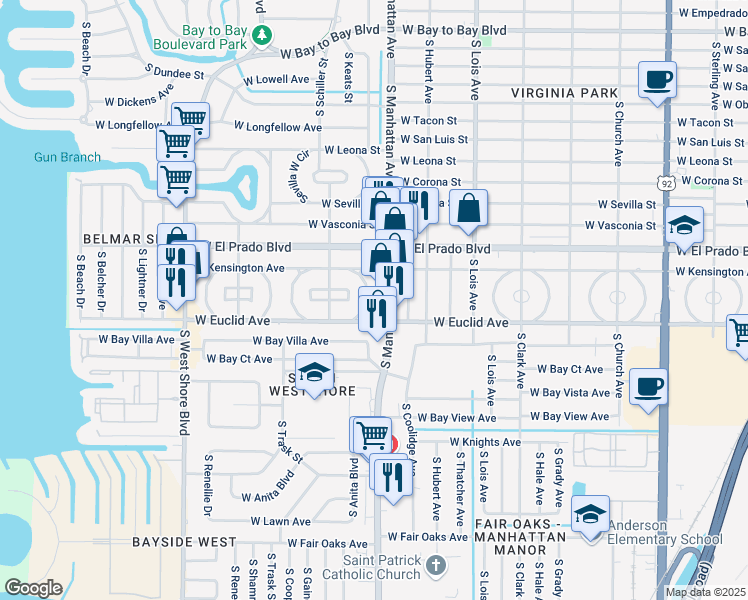 map of restaurants, bars, coffee shops, grocery stores, and more near 3647 South Manhattan Avenue in Tampa