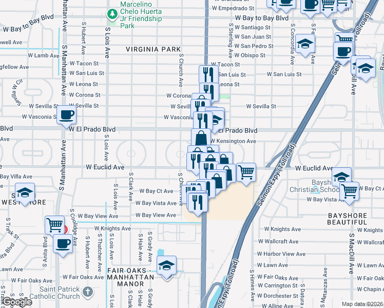 map of restaurants, bars, coffee shops, grocery stores, and more near 3617 East Tampa Circle in Tampa
