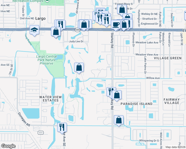 map of restaurants, bars, coffee shops, grocery stores, and more near 960 Starkey Road in Largo
