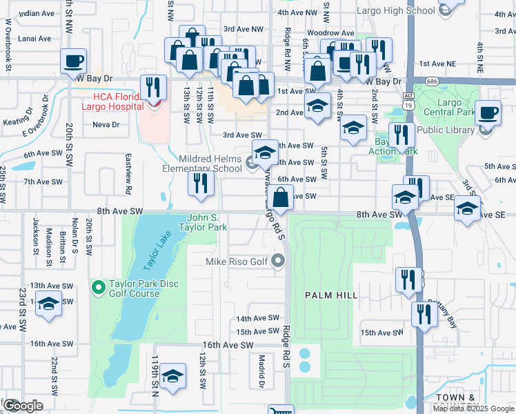 map of restaurants, bars, coffee shops, grocery stores, and more near 805 Clearwater Largo Road South in Largo