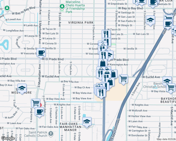 map of restaurants, bars, coffee shops, grocery stores, and more near 3627 West Tampa Circle in Tampa
