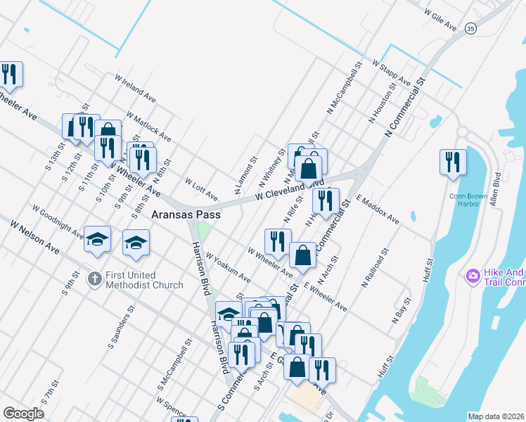 map of restaurants, bars, coffee shops, grocery stores, and more near 204 North McCampbell Street in Aransas Pass