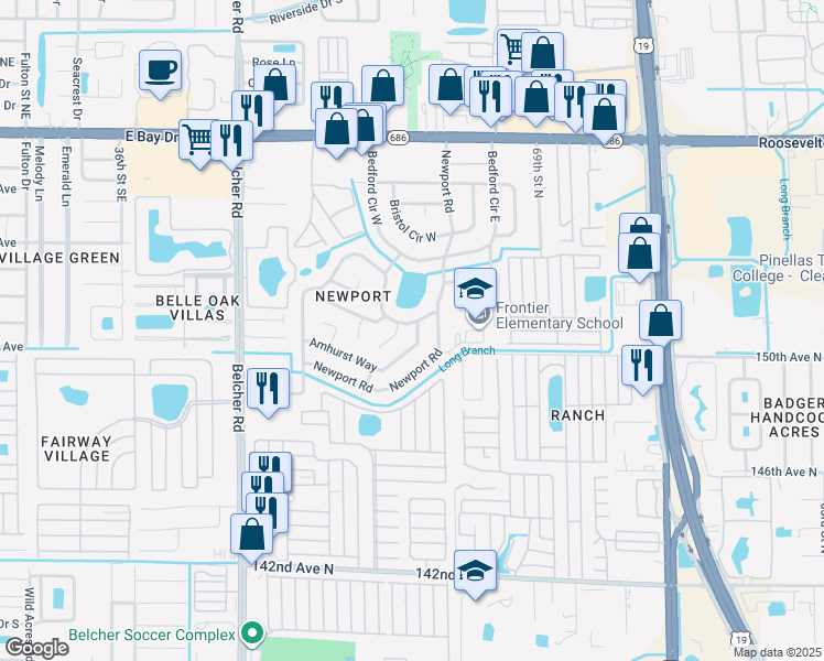 map of restaurants, bars, coffee shops, grocery stores, and more near 14992 Newport Road in Clearwater
