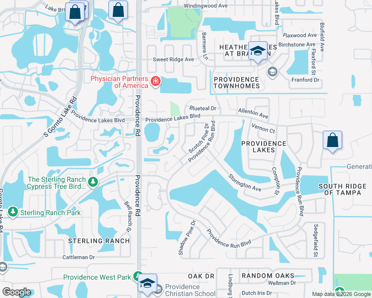 map of restaurants, bars, coffee shops, grocery stores, and more near 1404 Scotch Pine Drive in Brandon