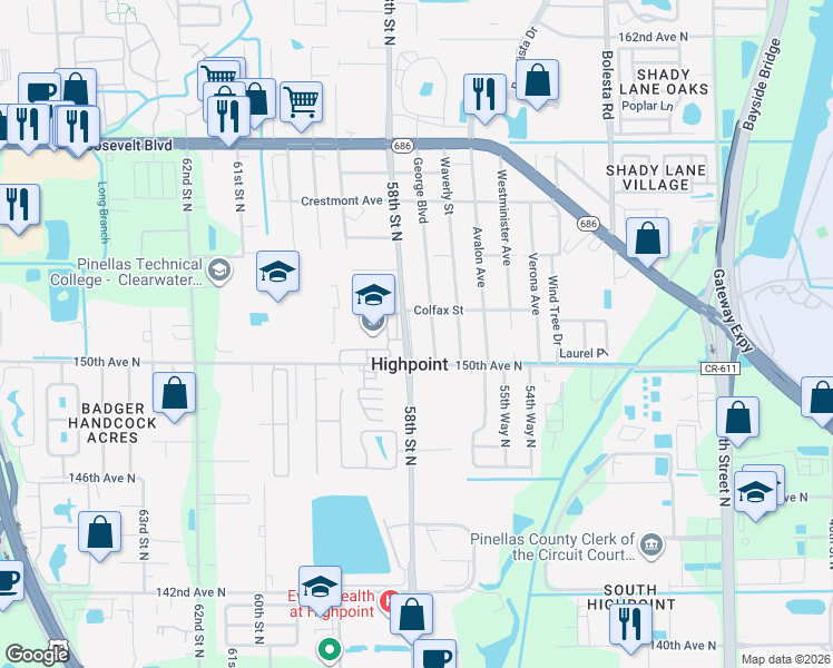 map of restaurants, bars, coffee shops, grocery stores, and more near 15181 Harding Avenue in Clearwater