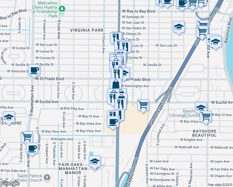map of restaurants, bars, coffee shops, grocery stores, and more near 3608 South Dale Mabry Highway in Tampa