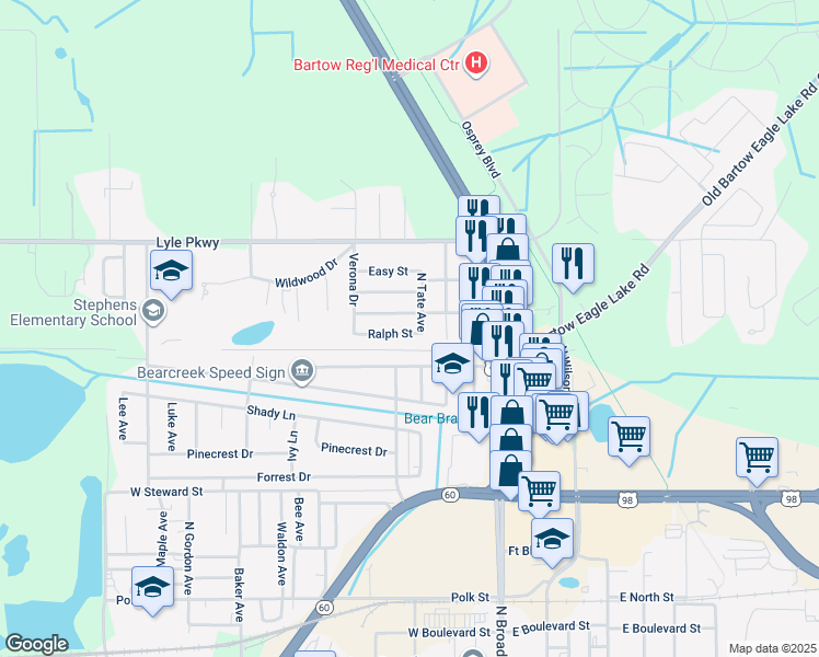map of restaurants, bars, coffee shops, grocery stores, and more near 390 Ralph Street in Bartow