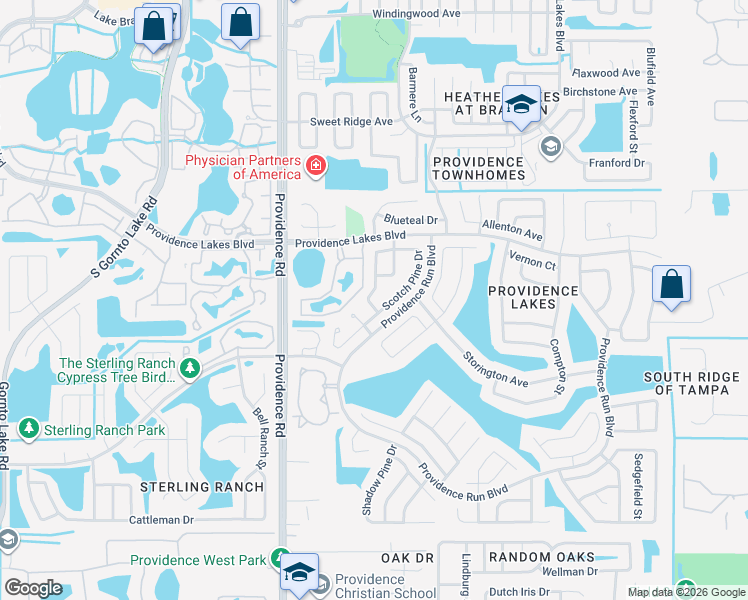 map of restaurants, bars, coffee shops, grocery stores, and more near 1410 Scotch Pine Drive in Brandon