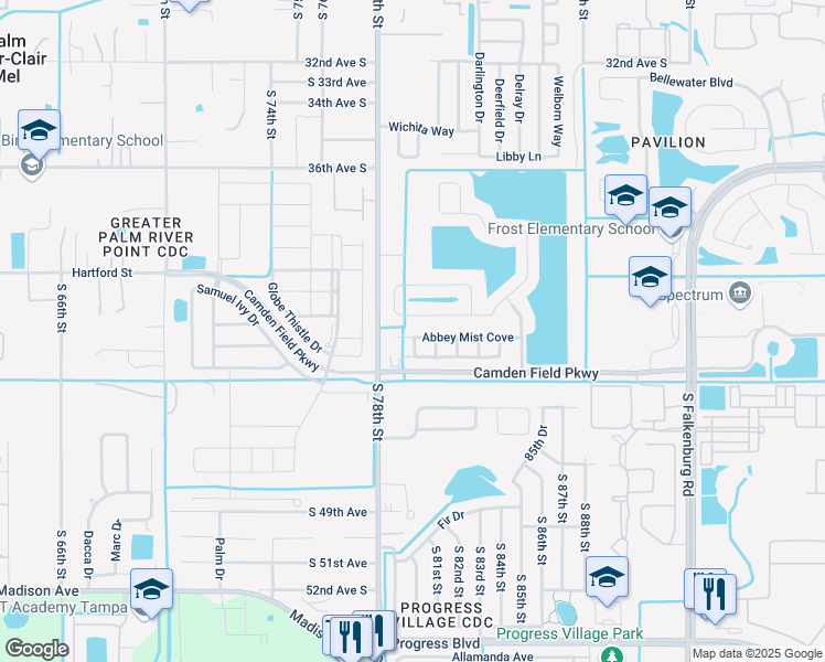 map of restaurants, bars, coffee shops, grocery stores, and more near 7814 Abbey Mist Cove in Riverview