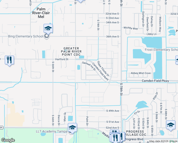 map of restaurants, bars, coffee shops, grocery stores, and more near 7226 Samuel Ivy Drive in Tampa