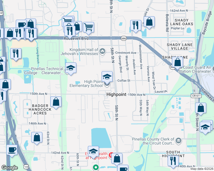 map of restaurants, bars, coffee shops, grocery stores, and more near 5858 Darren Court in Clearwater