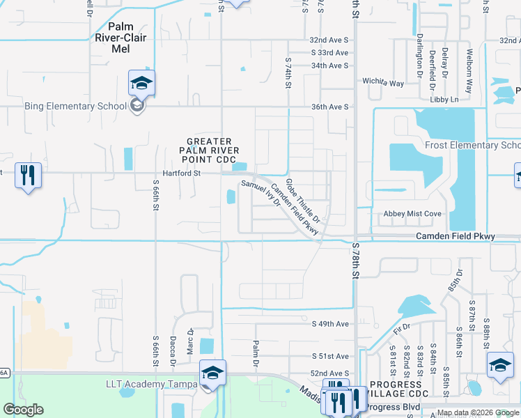 map of restaurants, bars, coffee shops, grocery stores, and more near 7226 Samuel Ivy Drive in Tampa